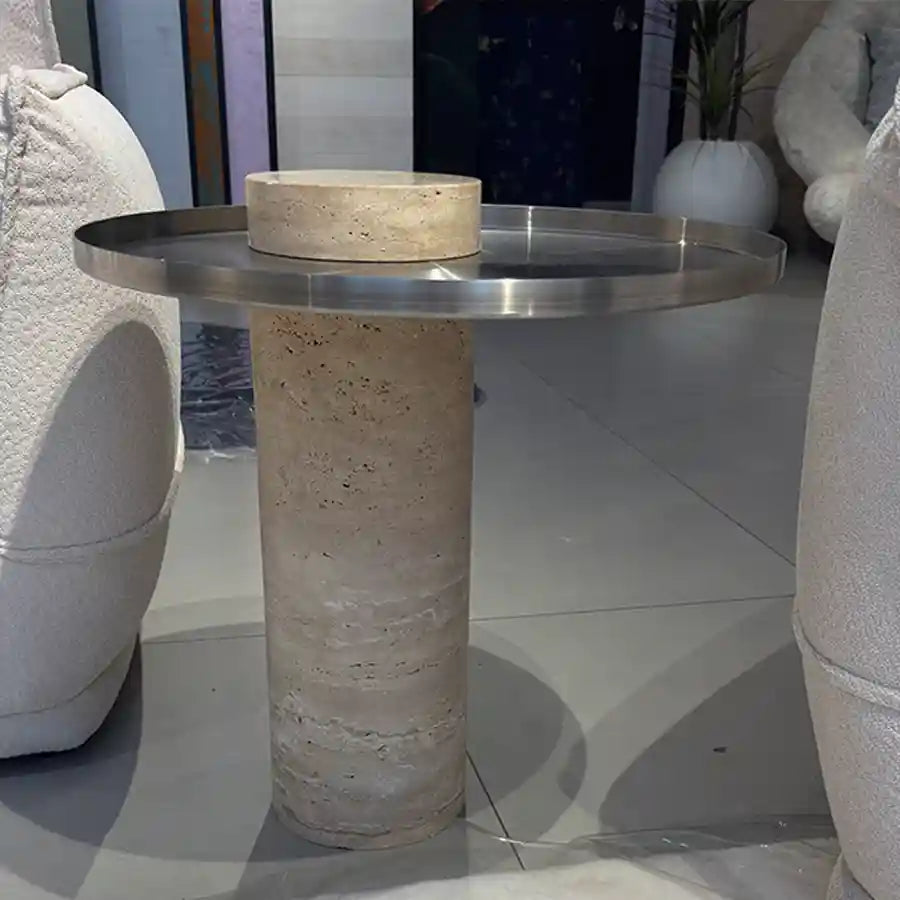 Travertine & Stainless Steel Side Table