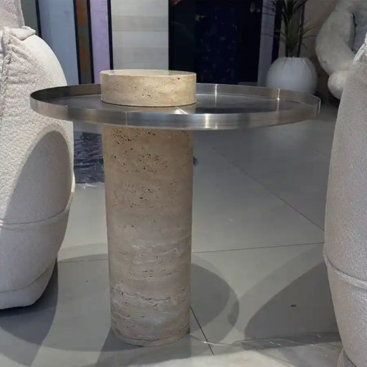 Travertine & Stainless Steel Side Table
