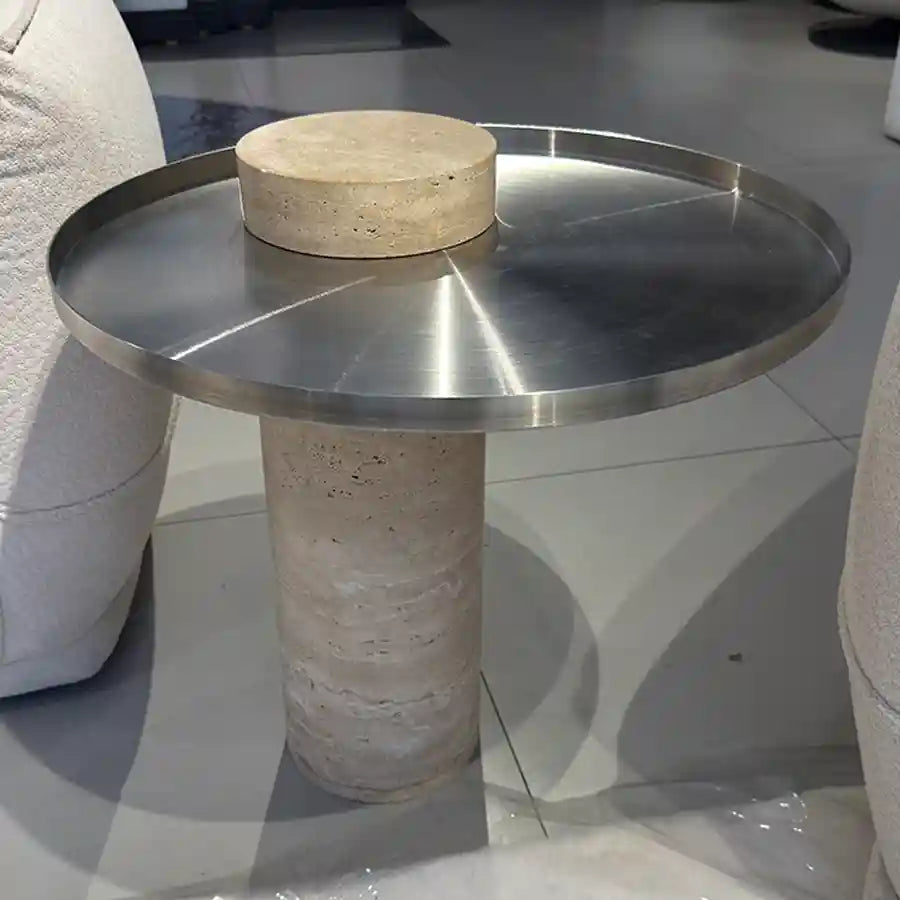 Travertine & Stainless Steel Side Table